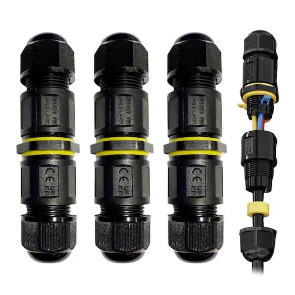 IP68 Waterproof Outdoor 3-Pin Electrical Junction Box IP68 M20 Cable Connector Box for Landscape Light, Black 4-Pack