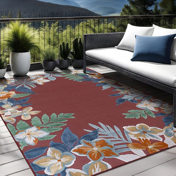 Eden  5 ft. x 7 ft. Red Washable Border Floral Indoor Outdoor Area Rug