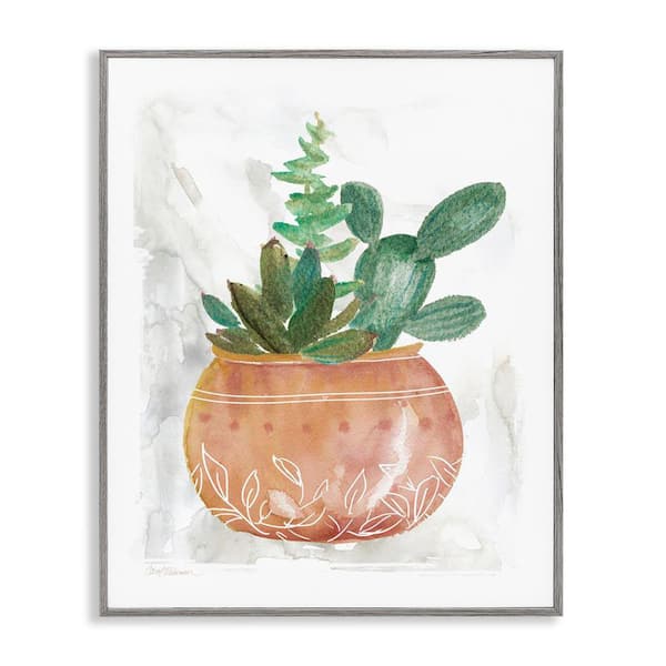 Stupell Industries Succulent Planter Vase by Carol Robinson Gray Framed Nature Giclee Art Print 14 in. x 11 in.