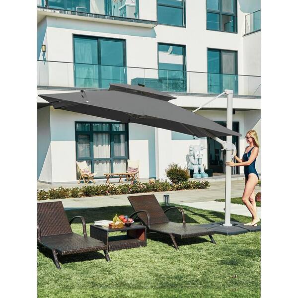 JEAREY Rectangular 10 ft. x 10 ft. Aluminum Solar Lighted Cantilever Patio Umbrella with Cover in Gray