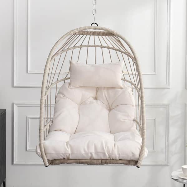Nestfair 2.36 ft. Outdoor Rattan Hammock Chair Hanging Chair with White Cushion