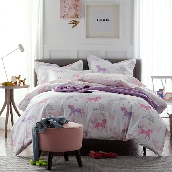 Company Kids by The Company Store Prancing Unicorns Multicolored Graphic Organic Cotton Percale Queen Duvet Cover