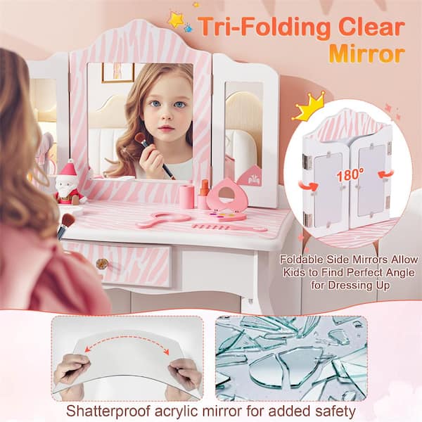 HONEY JOY 2-Piece Wood Top Pink Kids Vanity Table and Chair Set