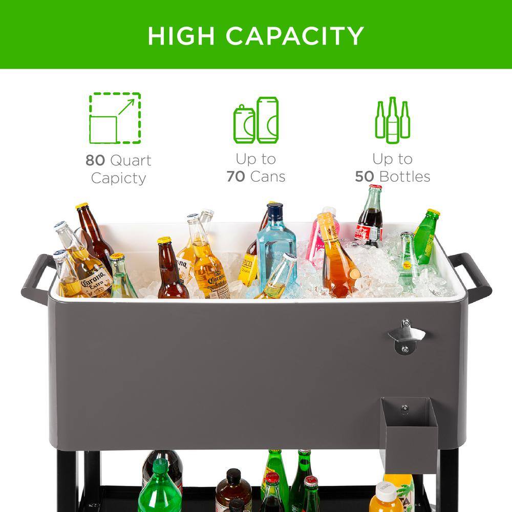 Gray 80-Quart Steel Rolling Cooler Cart with Wheels and Bottle Opener