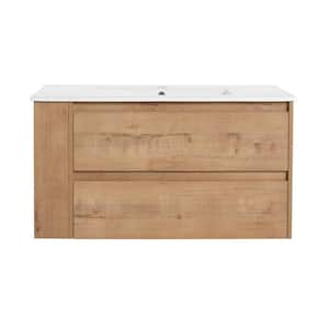 36 in. W x 18.30 in. D x 19.70 in. H Single Sink Floating Bath Vanity in Imitative Oak With White Ceramic Sink Top