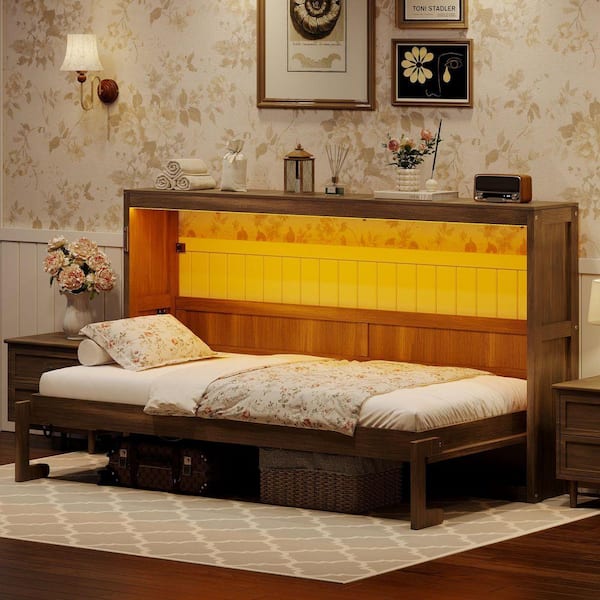 Brown Wood Frame Twin Size Murphy Bed with LED Light, Hidden Wall Bed Cabinet