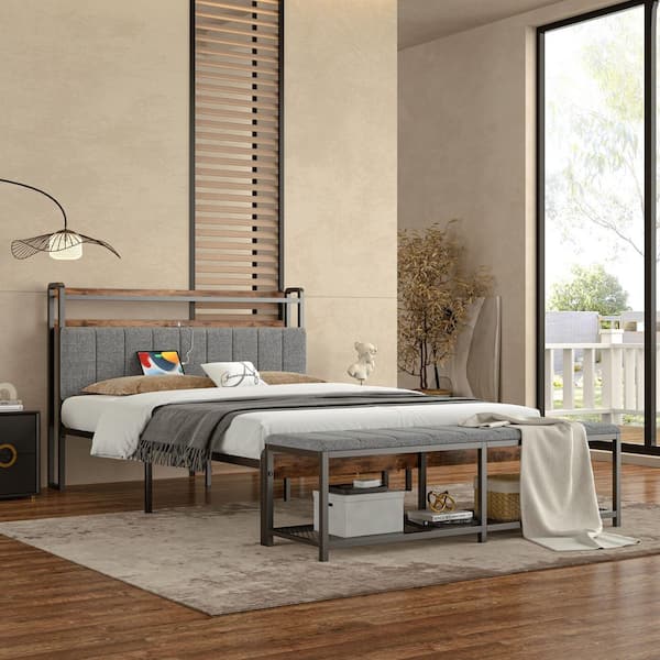 Smart 2-Piece Gray Metal Full Bedroom Set-LED Platform Bed with Storage Bench and Fabric Headboard