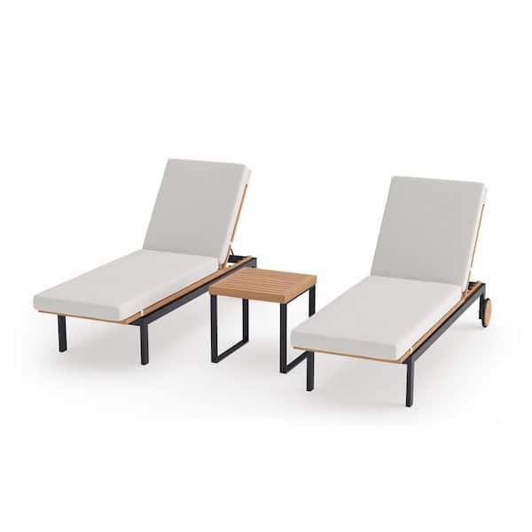 NewAge Products Monterey 2 Piece Aluminum Teak Outdoor Chaise Lounge with Canvas Natural Cushions and Side Table