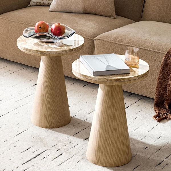 Rhiannon 15.75 in. Oak Round Marble End Table Set of 2 with Oak Veneer