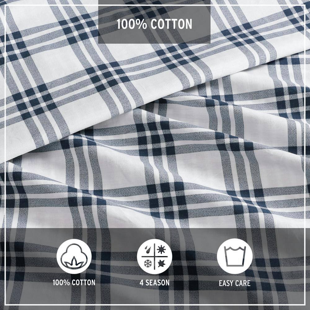 Navy Blue Plaid Cotton Full/Queen Duvet Set with Shams