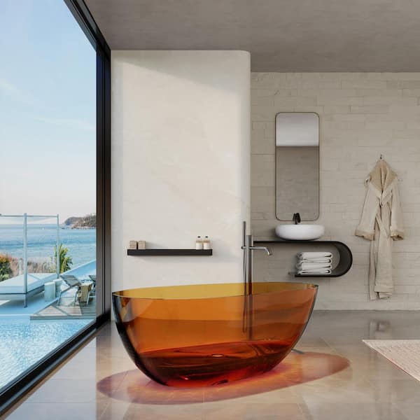 Modern 59 in. x 31 in. Soaking Transparent Resin Bathtub with Center Drain and Hose in Deep Brown