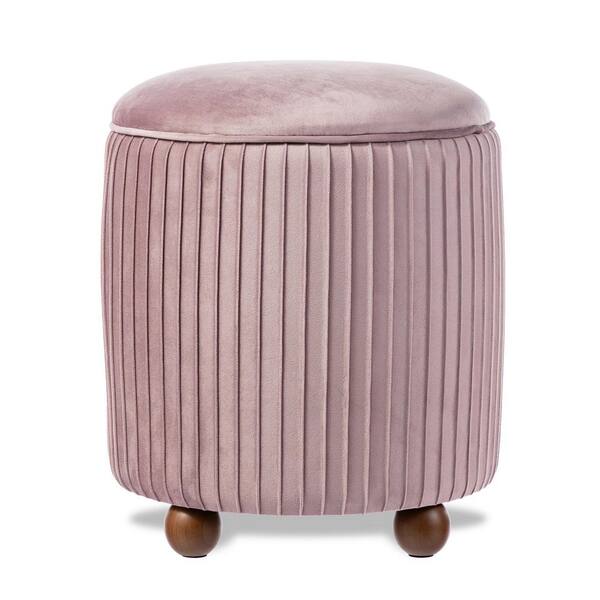 Modern Dusty Pink Pleated Velvet Upholstered Storage Ottoman or Accent Stool with Rubberwood Ball Feet