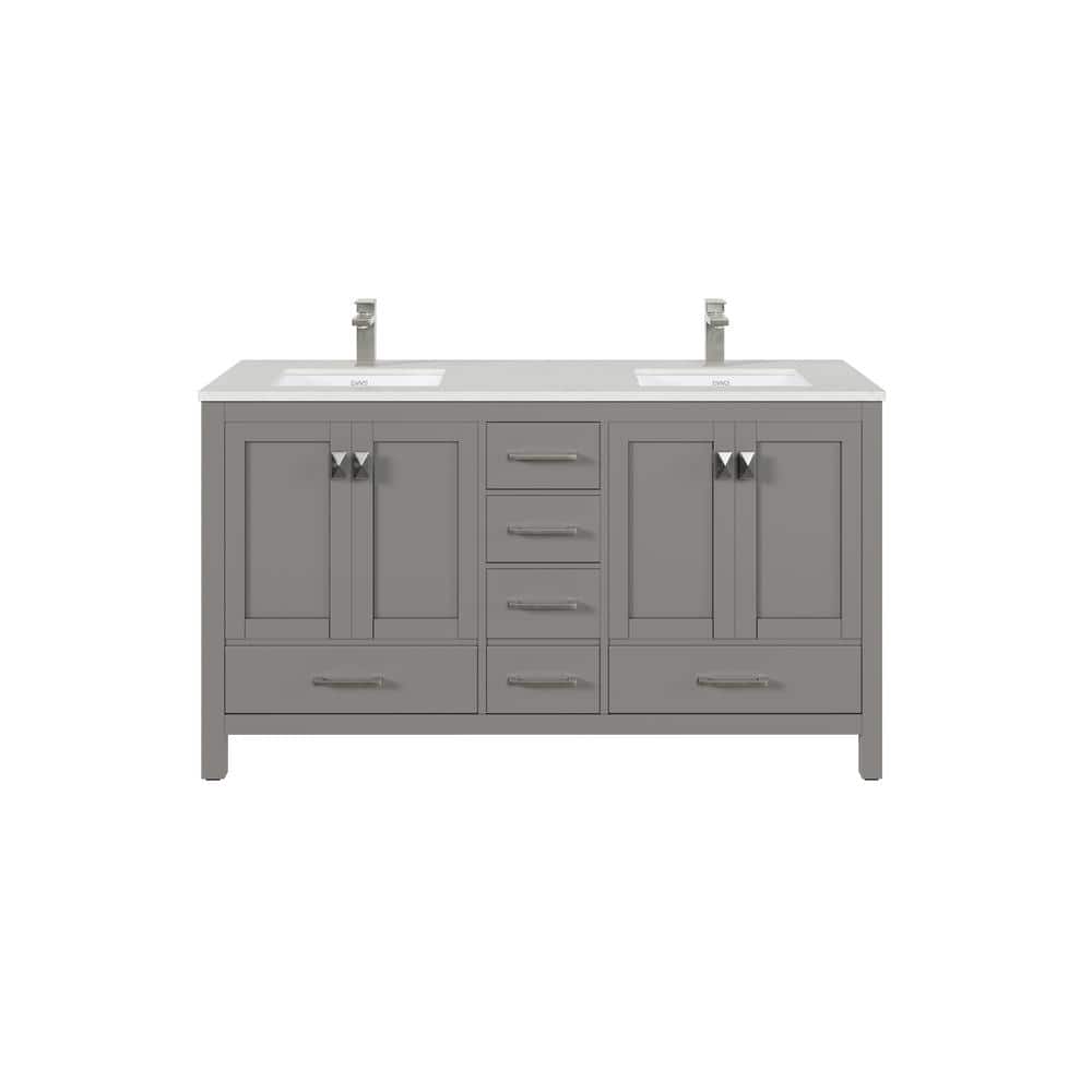 Gray Double Sink Bathroom Vanity with White Quartz Countertop