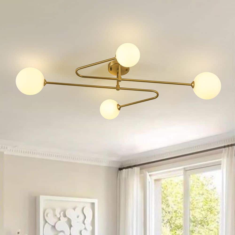 Ceder 4-Light 43 in. W Brushed Gold Sputnik Semi-Flush Mount with FrostedOpal Glass Globes for Dining Room price history on PriceWatchPro