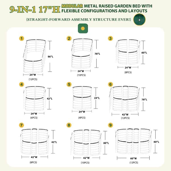 8 ft. x 2 ft. x 1.4 ft. Galvanized Steel Raised Garden Bed 9-in-1 Planter Box Outdoor, Green