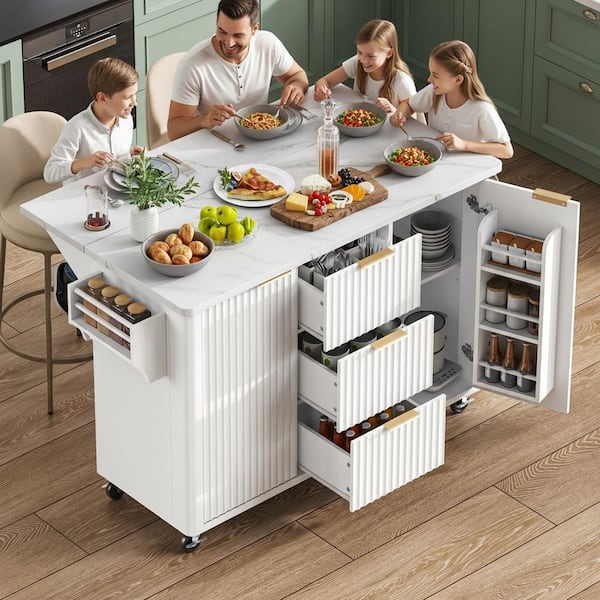 Runesay Rustic White Wood 55.5 in. Drop Leaf Power Outlet Curved Edge Kitchen Island with 6-Door Shelves and Adjustable Shelf