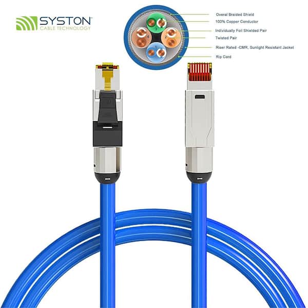 50 ft. Blue CAT8 CMR 22 AWG Ethernet Patch Cable Data - 40GB Individual Electro-Magnetic Tinned Copper Braid Shield