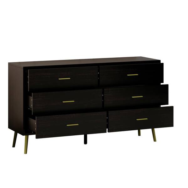 FUFU&GAGA 6-Drawers Black Wood Dresser Storage Cabinet Organizer with Metal Leg 54 in. W x 15.6 in. D x 30.1 in. H