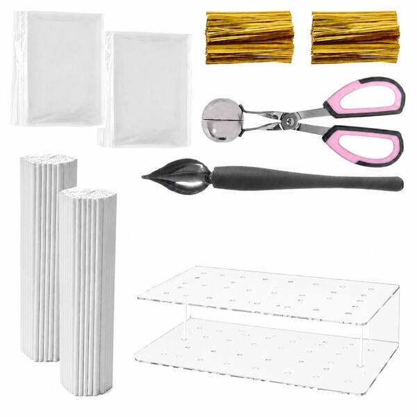 Stainless Steel Cake Pop Kit with 200 Sticks, 200 Clear Wrappers, 15-Hole Display Stand and Scoopers