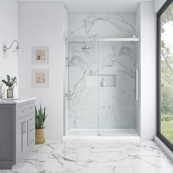Bel Soft Close 60 in. W Alcove Frameless Sliding Shower Door in Satin Nickel