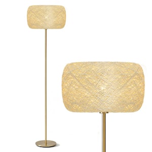 Rowan 66 in. Antique Brass Mid-Century Modern 1-Light LED Energy Efficient Floor Lamp with Beige Twine Drum Shade