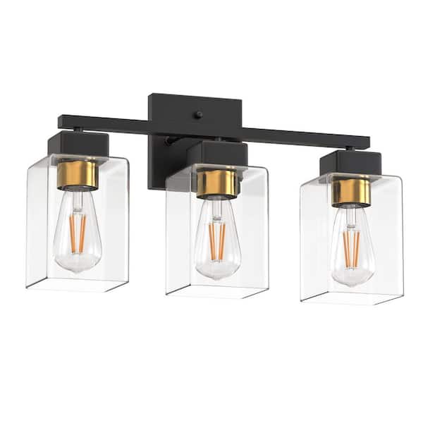 16 in. 3-Light Black and Gold Modern Vanity Light with Square Clear Glass Shade, Wall Lighting Fixtures for Bathroom