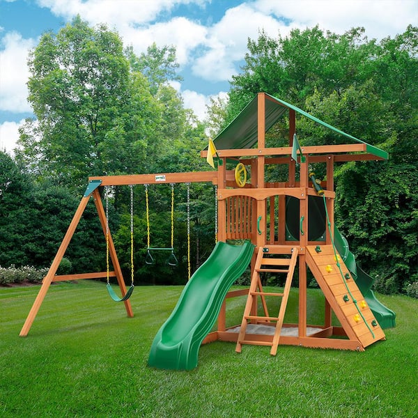 Gorilla Playsets Outing III Wooden Outdoor Playset with Tube Slide, Wave Slide, Rock Wall, Sandbox, and Backyard Swing Set Accessories