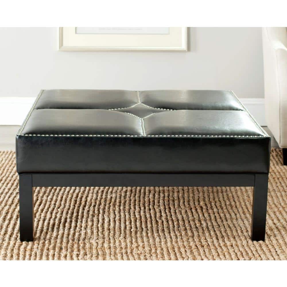 Transitional Terrence 37" Black Leather Cocktail Ottoman with Silver Nailheads