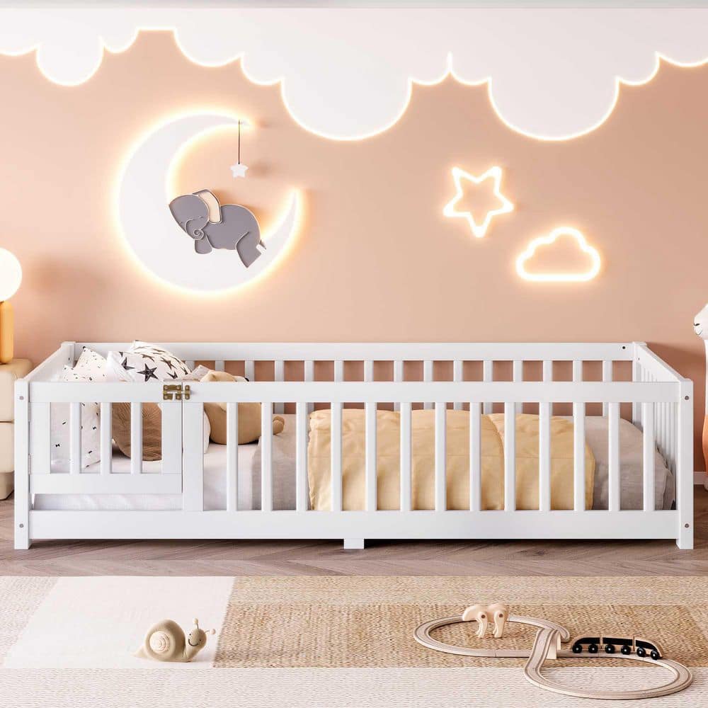 White Pine Wood Frame Twin Platform Bed with Safety Guardrails and Door price history on PriceWatchPro