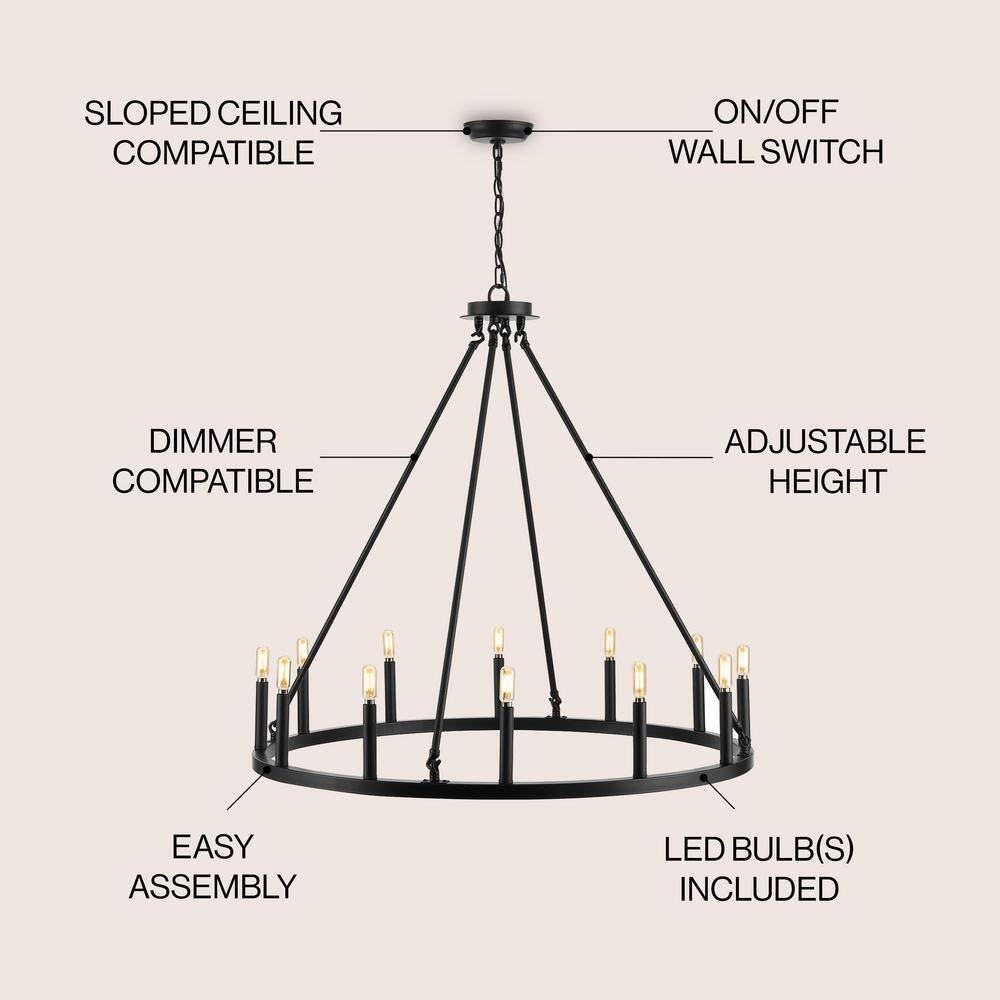 Gio 36" Black Iron Industrial Ring Chandelier with LED Candles