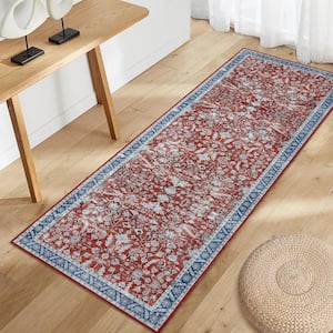 Red 2 ft. x 6 ft. Modern Persian Floral Distressed Indoor Runner Rug