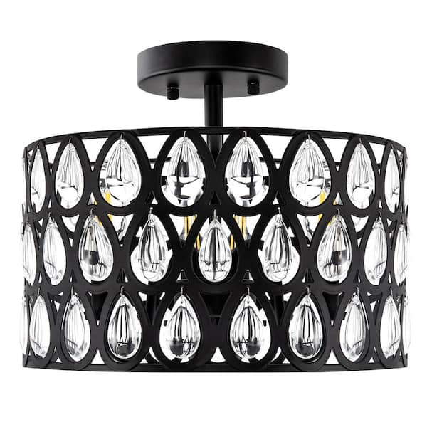 12.4 in. 3-Light Black Crystal Drum Semi-Flush Mount with No Glass and No Bulbs Included 1-Pack