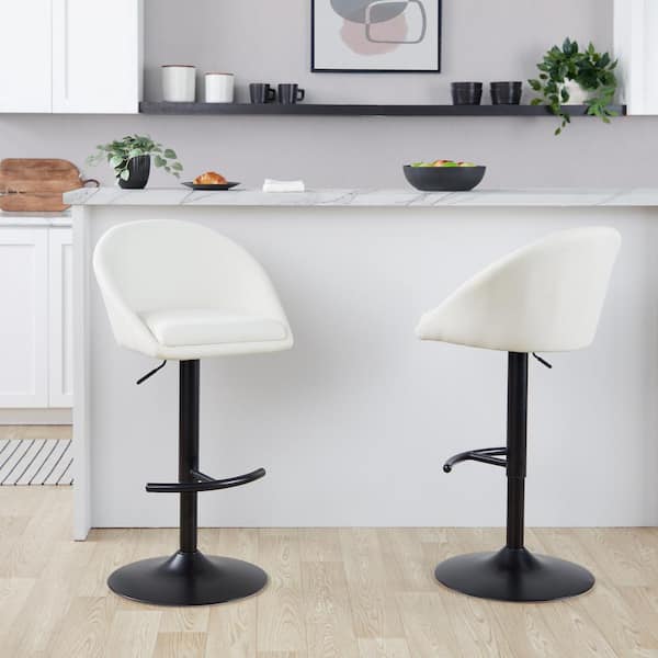 Lumisource Matisse Highback 32.5 in. Cream Fabric and Black Metal Adjustable Bar Stool with Rounded T Footrest (Set of 2)