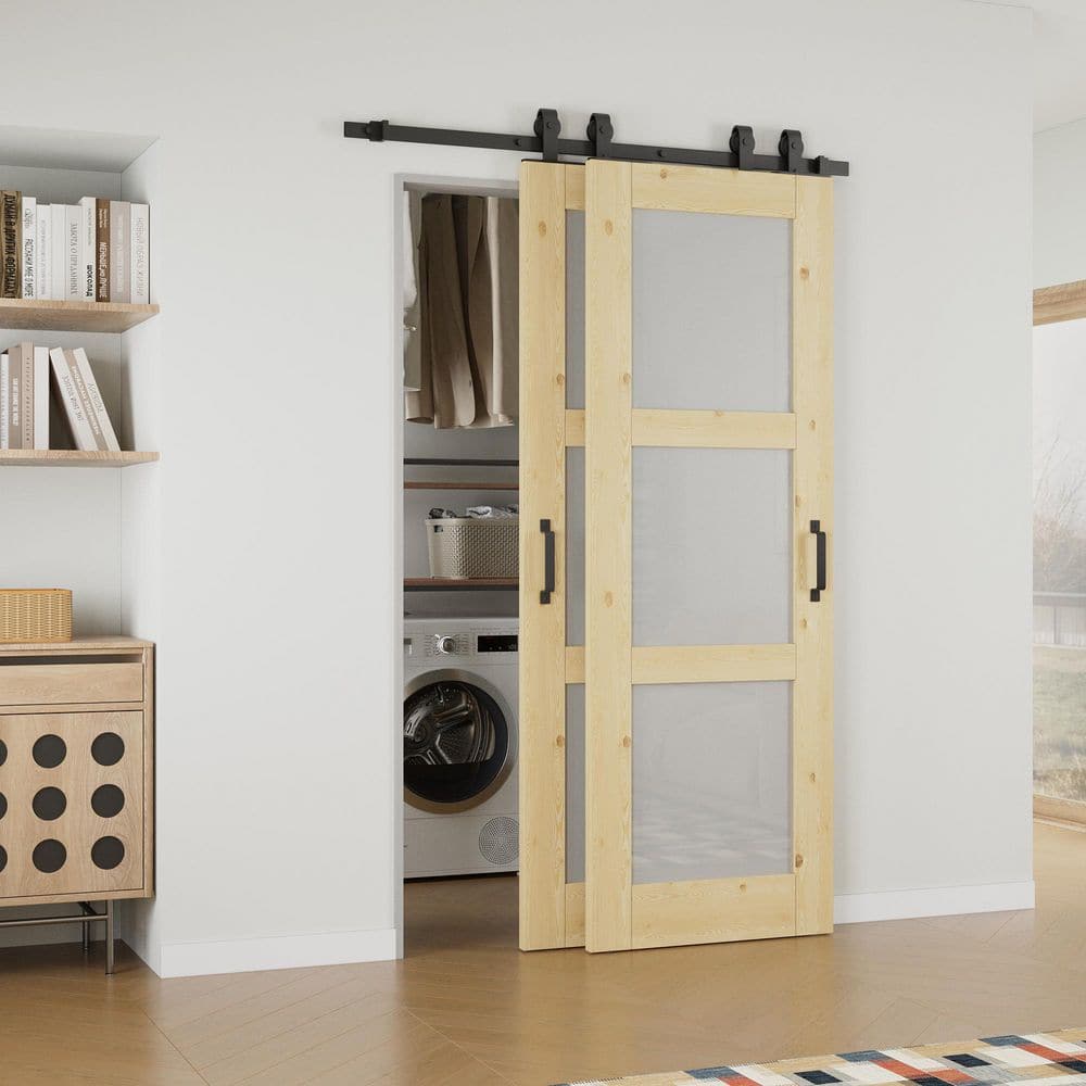 ARK DESIGN 48 in. x 80 in. 3-Lite Frosted Glass Unfinished Solid Core ...