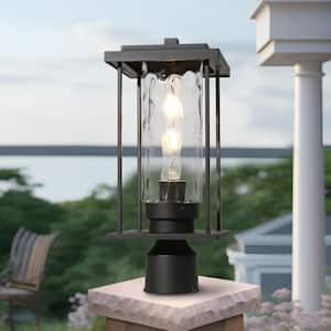15.7 in. Modern 1-Light Black Metal Post Light Hardwired Outdoor Weather Resistant with Wavy Glass and No Bulb Included