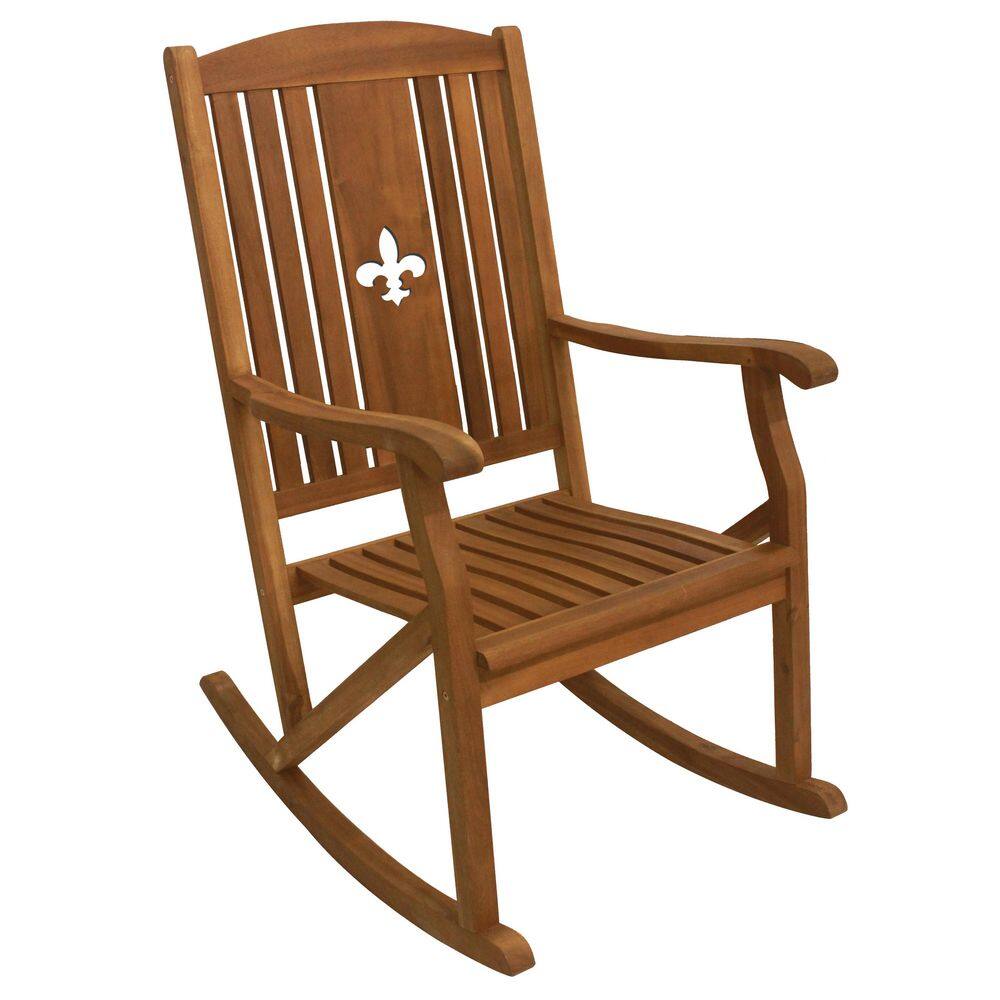 Sequoia Brown Acacia Wood Outdoor Rocking Chair with Fleur-De-Lis