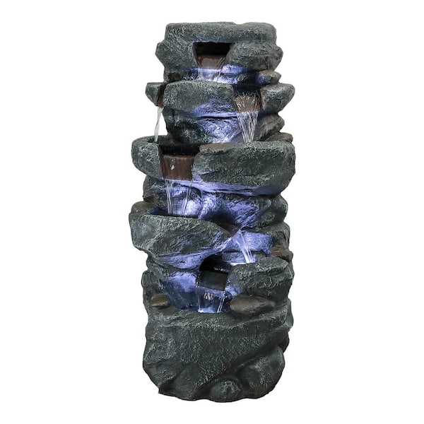 40.5in. Large Outdoor Fountain -6-Tier Stone-Liking Natural Looking Concrete Rockery Fountain for Patio, Garden, Deck