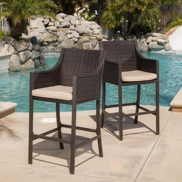 Unbranded Wicker Outdoor Bar Stool with Beige Cushion (2-Pack)