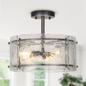Modern Industrial 1-Light Spattered Rust Kitchen Semi-Flush Mount with Textured Glass Shade