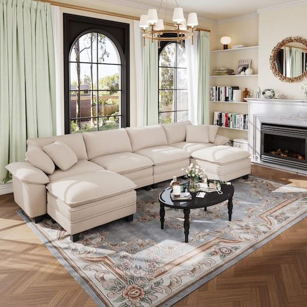 157.5 in. Flared Arm 6-Seat Corduroy Fabric Modular Sectional Sofa in Beige with Throw Pillows and Ottomans