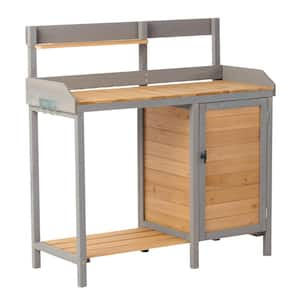 42 in. W x 43.5 in. H Gray Outdoor Potting Bench, Wooden Workstation Table with Cabinet for Backyard Garden Supplies