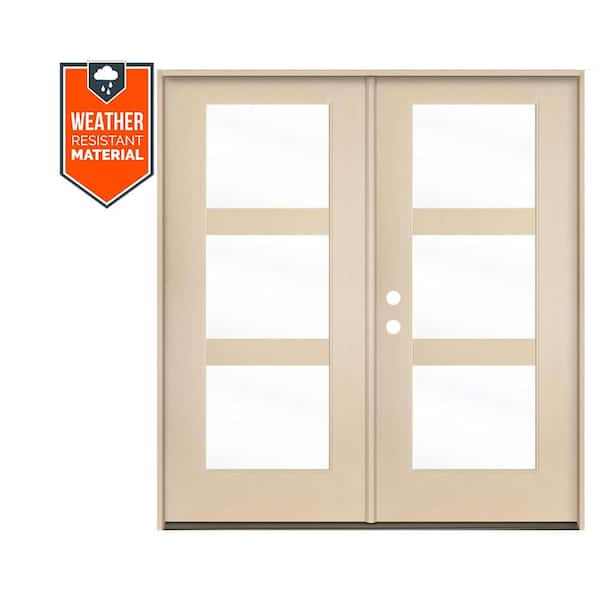 Krosswood Doors BRIGHTON Modern 72 in. x 79 in. 3-Lite Right-Active/Inswing Clear Glass Unfinished Double Fiberglass Prehung Front Door