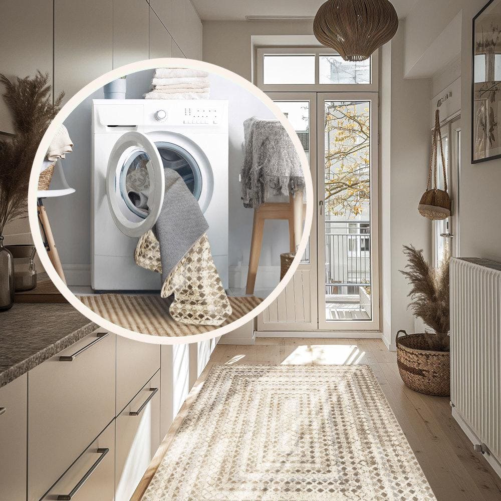 Carley Beige and Gray Geometric Machine Washable Area Rug