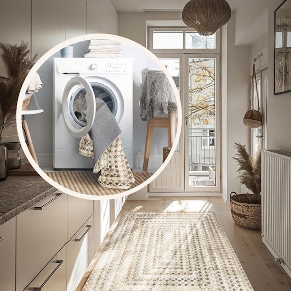 Carley Beige 9 ft. x 12 ft. Machine Washable Geometric Area Rug