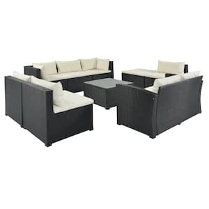 Black 9-Piece PE Rattan Wicker Patio Furniture Outdoor Sectional Sofa Set with Beige Cushions