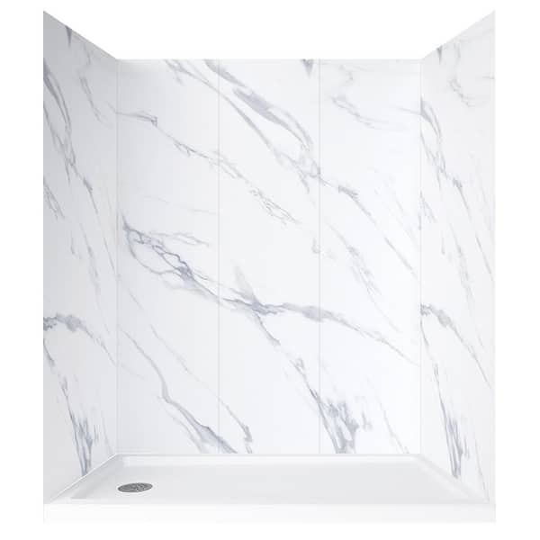 JETCOAT 32 in. x 60 in. x 78 in. 5-Piece Shower Kit in Carrara White with Left Drain 30 in. Base in White