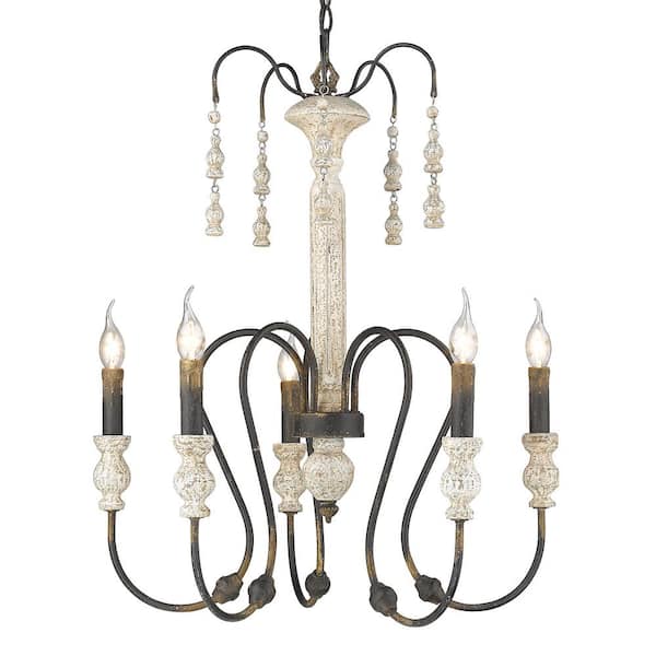 Golden Lighting Amelie Collection 5-Light Antique Black Iron and Weathered White Wood Chandelier