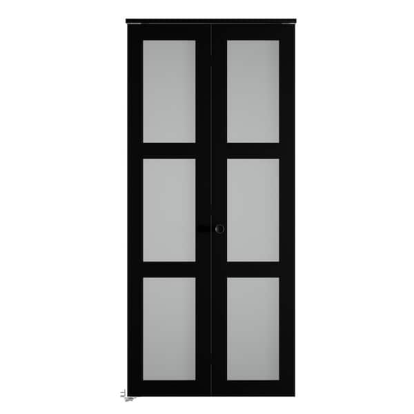 32 in. x 78 in. 3-Lite Frosted Glass Solid Core Black Finished MDF Interior Closet Bi-fold Door with Hardware Kit