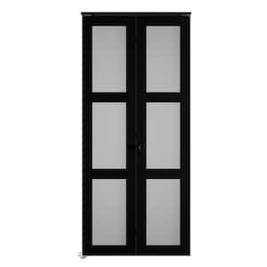 30 in. x 77.75 in. 3-Lite Frosted Glass Solid Core Black Finished MDF Interior Closet Bi-Fold Door with Hardware Kit