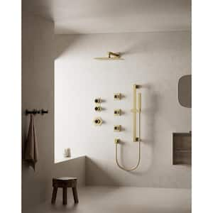 Thermostatic Valve 5-Spray 12 in. Dual Shower Heads Wall Mount Fixed and Handheld Shower Head in Brushed Gold